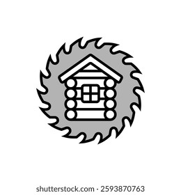 Log wooden house icon and logo and circular saw blade. Isolated vector illustration on white background.