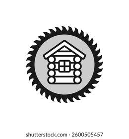 Log wooden house icon and logo and circular saw blade. Isolated vector illustration on white background.