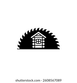 Log wooden house icon and logo and circular saw blade. Isolated vector illustration on white background.