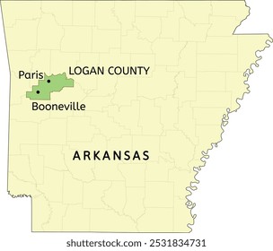 Logan County and cities of Paris and Booneville location on Arkansas state map