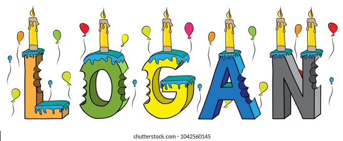 Logan male first name bitten colorful 3d lettering birthday cake with candles and balloons.