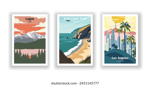 Logan, Utah, Los Angeles, California, Lost Coast Trail, California - Vintage travel poster. Vector illustration. High quality prints