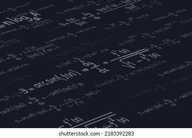 Logarithmic, derivative, trigonometric, logarithmic, hyperbolic and inverse equations and formulas on a black background in perspective