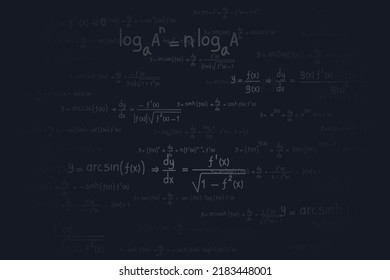 Logarithmic, derivative, trigonometric, logarithmic, hyperbolic and inverse equations and formulas on a black background