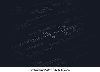 Ecuaciones y fórmulas logarítmicas, derivadas, trigonométricas, logarítmicas, hiperbólicas e inversas sobre un fondo negro en perspectiva