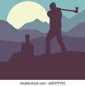 Logger with axe cut firewood vector background landscape eith sunset