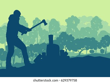 Logger with axe cut firewood vector background landscape with trees