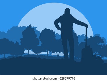 Logger with axe cut firewood vector background landscape with trees