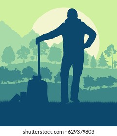 Logger with axe cut firewood vector background landscape with trees