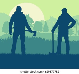 Logger with axe want to cut firewood vector background landscape with trees