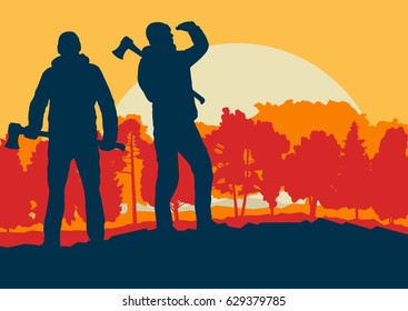 Logger with axe want to cut firewood vector background landscape with trees