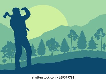 Logger with axe want to cut firewood vector background landscape with trees