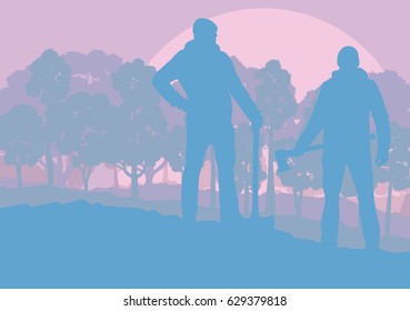 Logger with axe want to cut firewood vector background landscape with trees