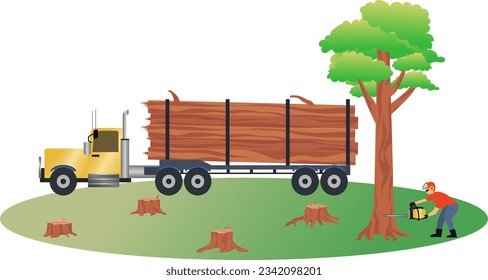 Logger in helmet cutting tree trunk with chainsaw illustration, worker cutting down tree and log truck in the forest, forest industry and manufacture, Forest workers cut trees for factory materials