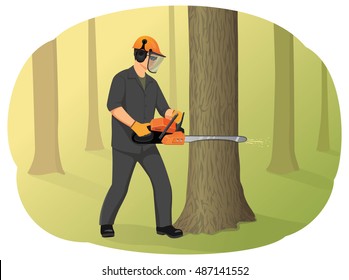 Logger in helmet cutting tree trunk with chainsaw. Timber harvesting. Natural forest restoration.