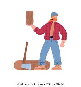Logger or lumberjack at work cutting wood with axe, flat vector illustration isolated on white background. Loggers and lumber manufacturing, woodcutting industry worker.