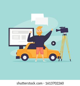 logger makes a video review of the car. Flat design vector illustration.	