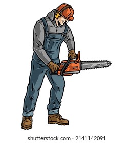 Logger man in hardhat, ear protectors and overalls using chainsaw in colorful vintage style, vector illustration