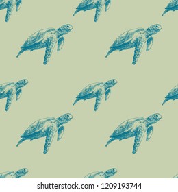 Loggerhead sea turtle, Caretta caretta, vector illustration, seamless pattern eps 10