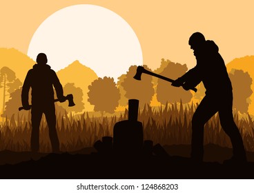 Loggers with axes in wild mountain forest nature landscape background illustration vector