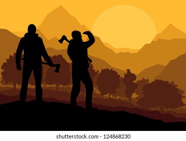 Loggers with axes in wild mountain forest nature landscape background illustration vector