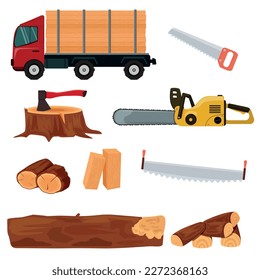 Kit de Logger. Logs, tablas de madera, herramientas, sierra, sierra, madera, hacha, transporte especial. Ilustración vectorial.