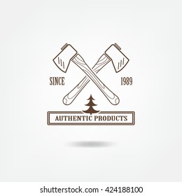 Loggers. Logging equipment, timber shop vintage logo, emblem, sign