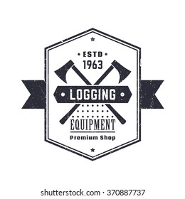 Logging equipment, lumber shop vintage logo, emblem, sign with lumberjacks axes over white, vector illustration