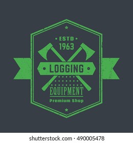 Logging equipment, lumber shop vintage logo, emblem with lumberjacks axes, vector illustration