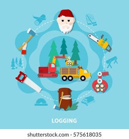 Logging flat composition with lumberjack and steps of wood production complete cycle vector illustration