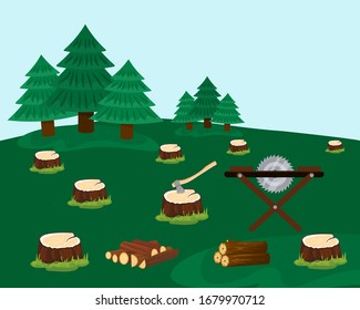 Logging Forest With Felled Trees Vector Illustration Hand Drawn. Stumps After Spruces Cutting. Ax, Saw Machine, Firewood, Logs. Deforestation, Coniferous Wood Destruction.