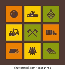 Logging, forestry equipment icons on squares, sawmill, logging truck, tree harvester, timber, lumber, axe, vector illustration