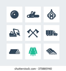 Logging, Forestry Equipment Icons, Sawmill, Logging Truck, Tree Harvester, Timber, Wood, Lumber, Chainsaw Icons On Squares, Vector Illustration