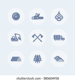 Logging, Forestry Equipment Icons, Sawmill, Logging Truck, Tree Harvester, Timber, Lumber, Logging Isolated Icons, Vector 