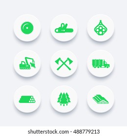 Logging, forestry equipment icons, sawmill, tree harvester, timber, logging truck, lumber