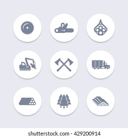 Logging, Forestry Equipment Icons, Tree Harvester, Timber, Logging Truck, Lumber, Logging Vehicle Round Isolated Icons, Vector 