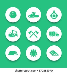 Logging, forestry equipment round icons, sawmill, logging truck, tree harvester, timber, wood, lumber, chainsaw icons set, vector illustration