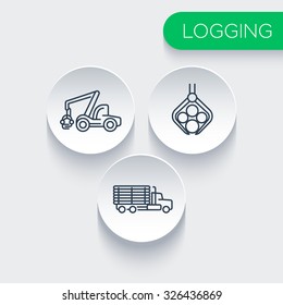 Logging, forestry, timber, tree harvester, logging truck line icons, vector illustration