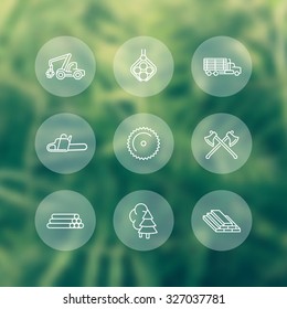 Logging, Forestry, Timber, Tree Harvester, Sawmill, logging truck, line round white icons, vector illustration