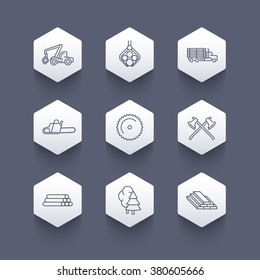 Logging, forestry, timber, tree harvester, sawmill, logging truck, line hexagon icons, logging pictograms, vector illustration