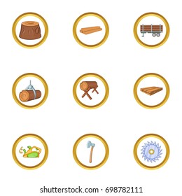 Logging icon set. Cartoon style set of 9 logging vector icons for web isolated on white background
