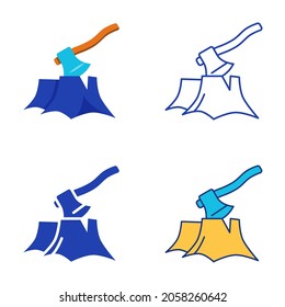 Logging icon set in flat and line style. Deforestation symbol. Tree stump and axe. Vector illustration.