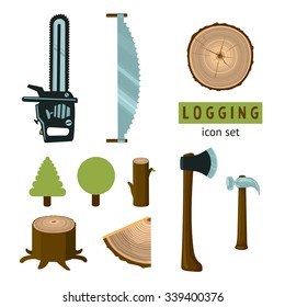 Logging icon set. lumber equipment. Isolated on white signs collection.