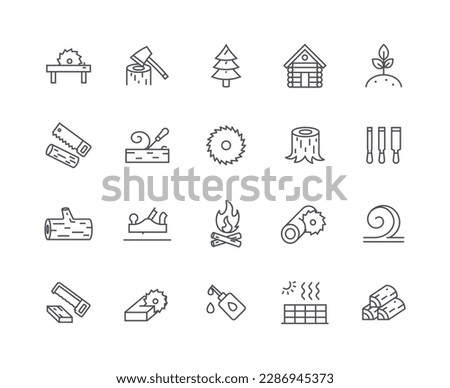 Logging icons outline set. Carpenter equiipment and tools. Processing, transportation and storage of wood. Forestry and construction. Linear flat vector illustrations isolated on white background