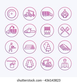 Logging icons, sawmill, forestry equipment, logging truck, tree harvester, timber, wood, lumber, thin line icons set, vector illustration