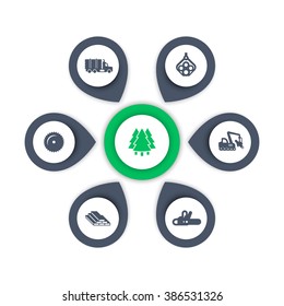 Logging icons, timber, logging truck, tree harvester, lumberjack, wood, lumber, logging, timber infographic elements, icons, vector 