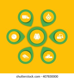Logging icons, timber, logging truck, tree harvester, wood, and lumbers. infographic elements. vector illustration