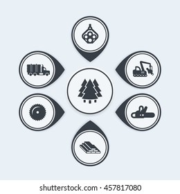 Logging icons, tree harvester, tracked feller buncher, wood, lumber, timber infographic elements, vector illustration