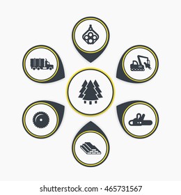 Logging, industrial wood, lumber, timber, tree harvester, tracked feller buncher, infographic elements, icons