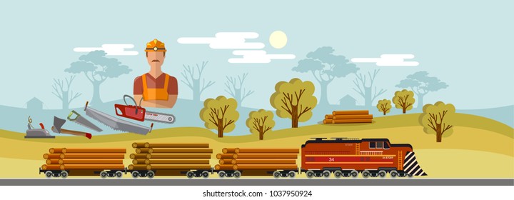 Logging industry banner. Woodcutter, deforestation, preparation of firewood, power-saw bench, forest transportation. Logging industry vector set 